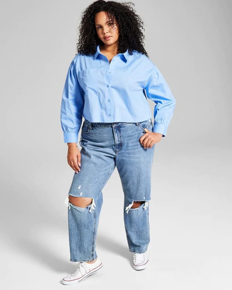 Front of a model wearing a size 2X And Now This Women's Trendy Plus Size Cotton Button-Front Top Size 2X in Blue by And Now This. | dia_product_style_image_id:311026